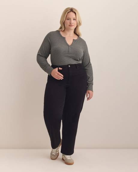 Long-Sleeve Split-Neck Waffle Knit Top