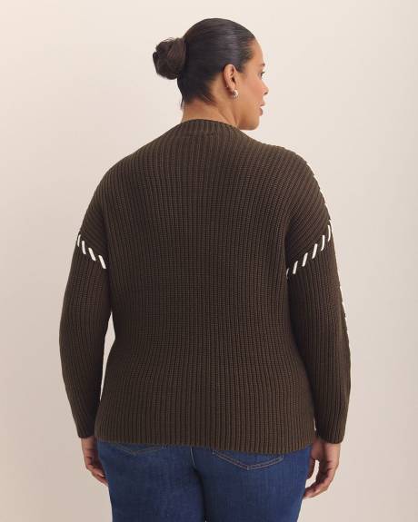 Cotton-Blend Funnel Neck Sweater with Whip Stitch