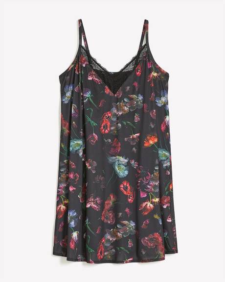 Floral Satin Nighty with Lace and Built-In Bra - Déesse Collection