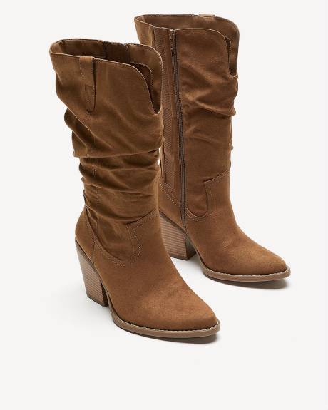 Botte mi-mollet western en faux suède, pied très large