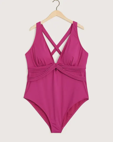 Solid V-Neck One-Piece Swimsuit