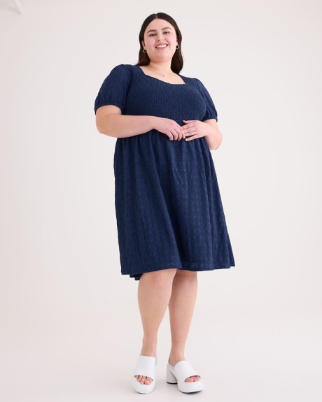 Eyelet Knit Dress with Short Balloon Sleeves