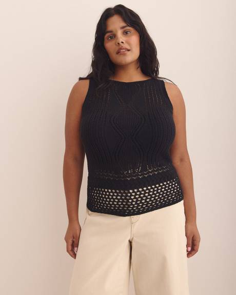 Cotton Blend Sleeveless Crochet Sweater - Addition Elle