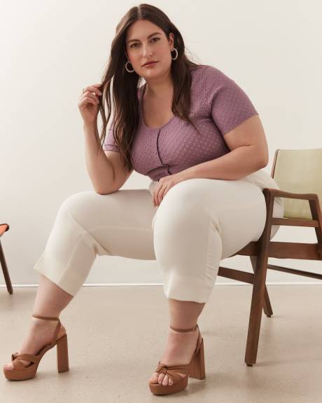 Eyelet Knit Top, Elbow-Sleeve