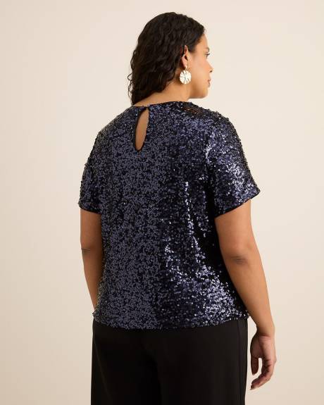 Short-Sleeve Sequins Crewneck Top