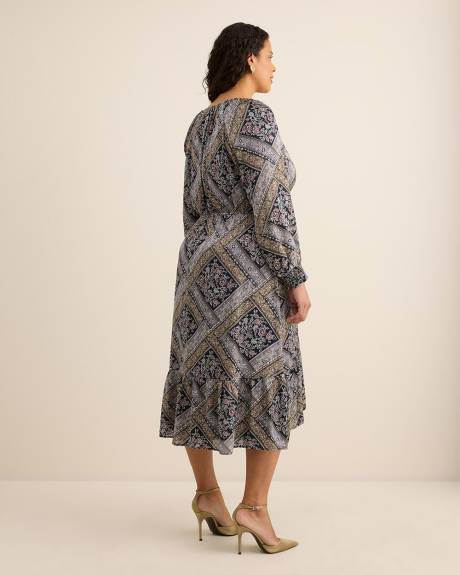 Patchwork-Print Flared Midi Dress with Smocked Cuffs