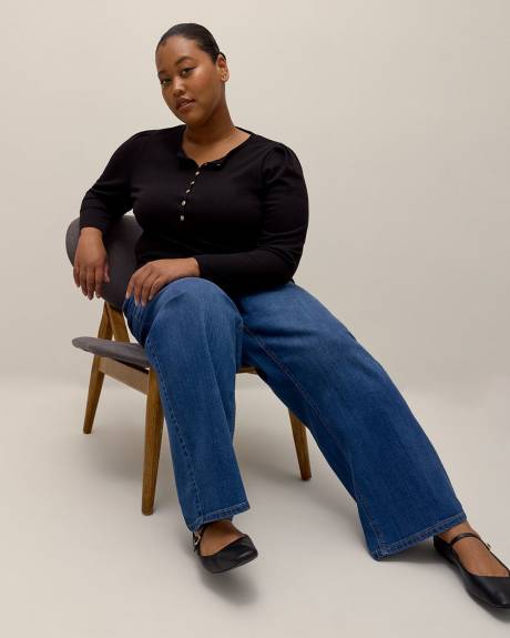 Long-Sleeve Waffle Knit Henley Top