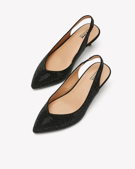 Chaussure-sandale noire à talons avec pierres scintillantes, pied très large