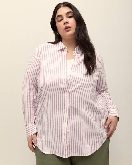 Striped Linen Blend Buttoned Down Shirt with Rolled-Up Sleeves