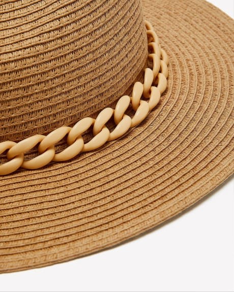 Straw Panama Hat with Chain and Detail Trim