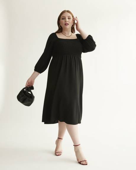 Black Smocked Midi Dress with Balloon Sleeves