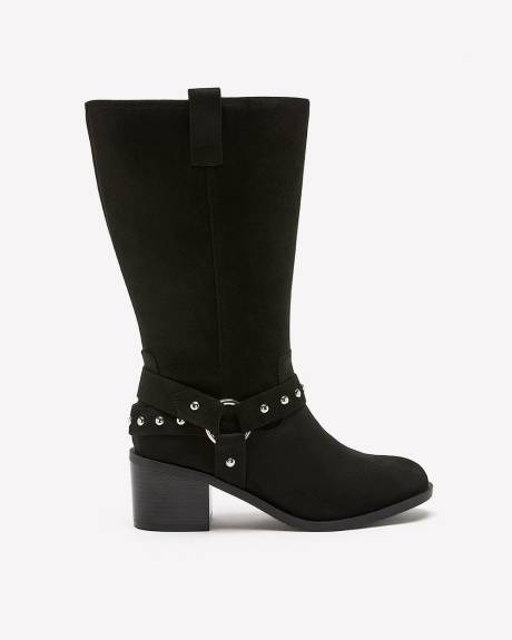 Extra Wide Width, Black Mid-Calf Boot with Studded Harness