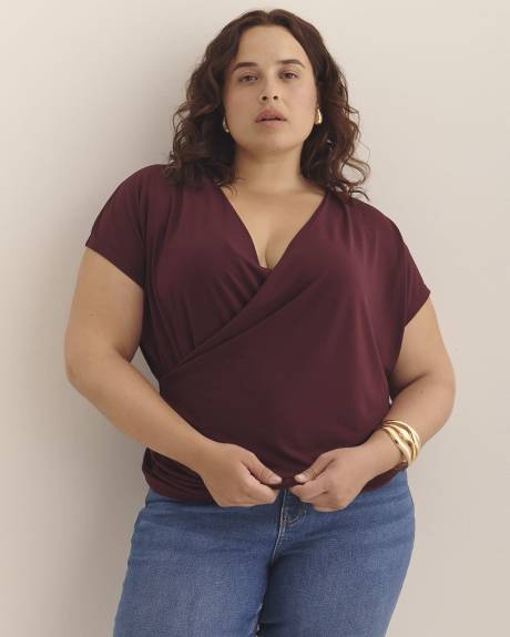 Overlap-Front Knit Top with Shirring at Side