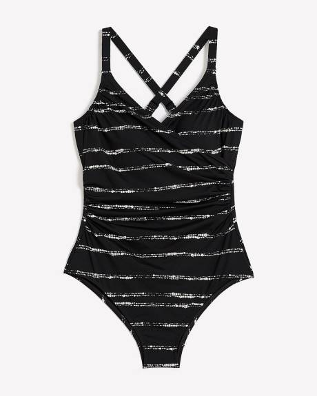 Maillot de bain une pièce à devant croisé, noir avec rayures pointillées