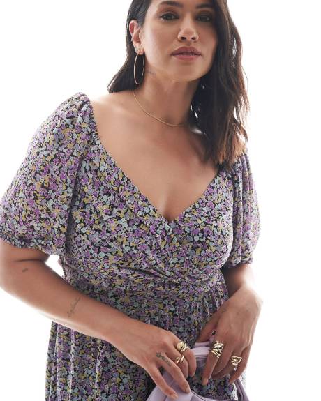 Pleated V-Neck Dress with Bubble Sleeves - Addition Elle
