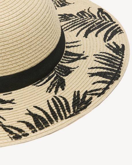 Straw Hat with Wide Leaf-Print Rim