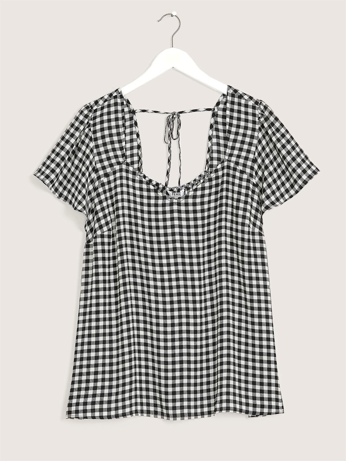 Responsible, Plaid Crepe Blouse with Flutter Sleeves