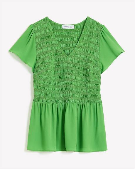 Blouse with Smocking, Short Flutter Sleeves - Addition Elle