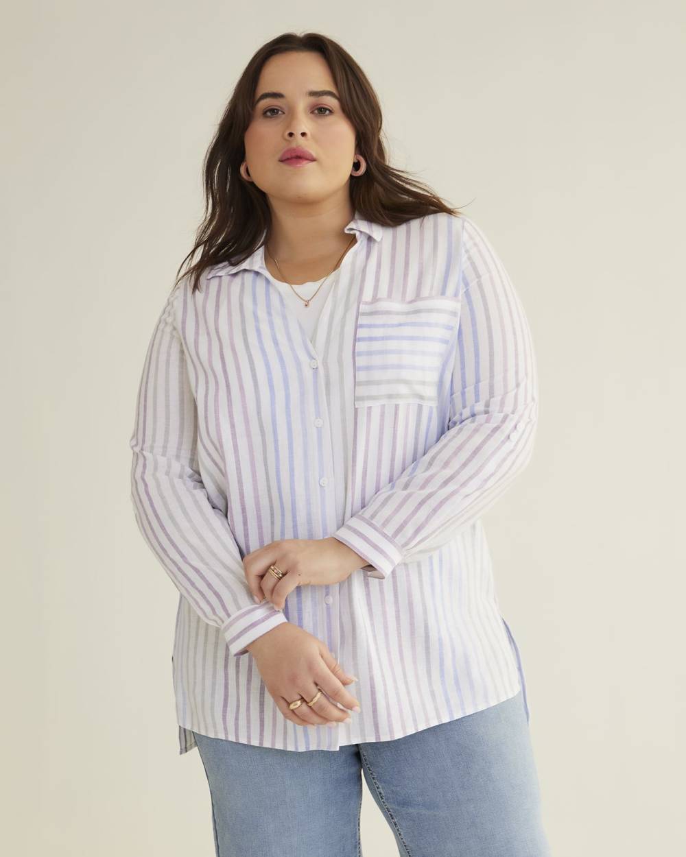 Striped Tunic Shirt with Roll-Up Sleeves, Linen Blend