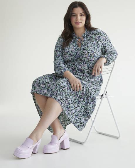 Printed Long-Sleeve Midi Tiered Dress
