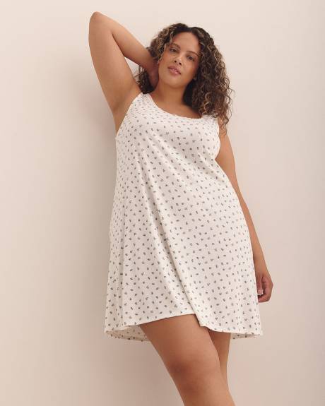 White Printed Knit Cami Nightgown with Lace Neckline - ti Voglio