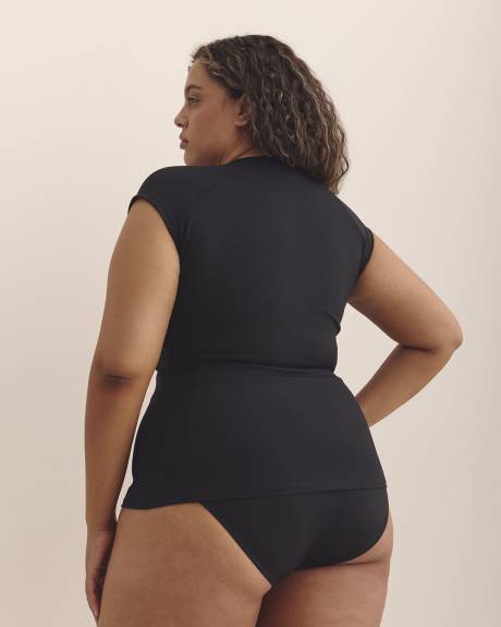 Black Rib Cap-Sleeve Henley Tankini Top