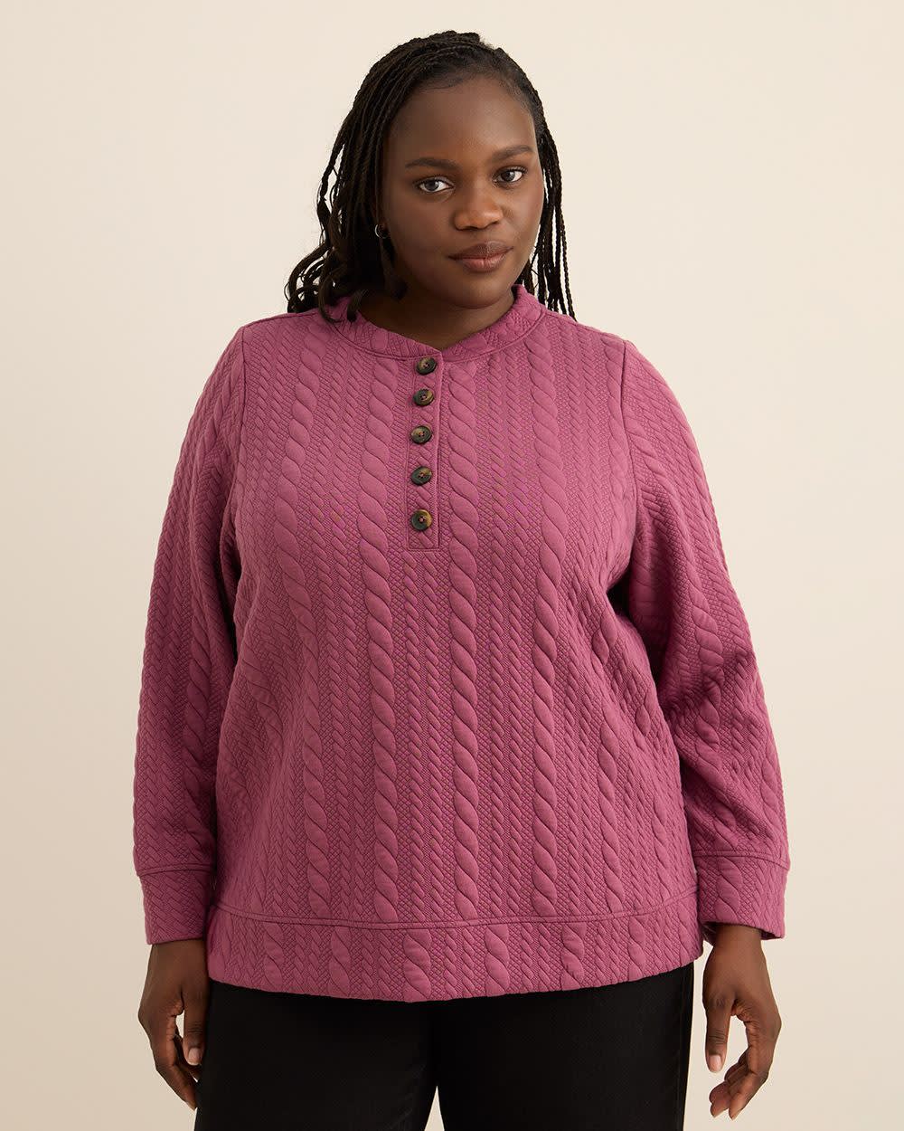 Long-Sleeve Cable Knit Buttoned Crewneck Top Long-Sleeve Cable Knit Buttoned Crewneck Top