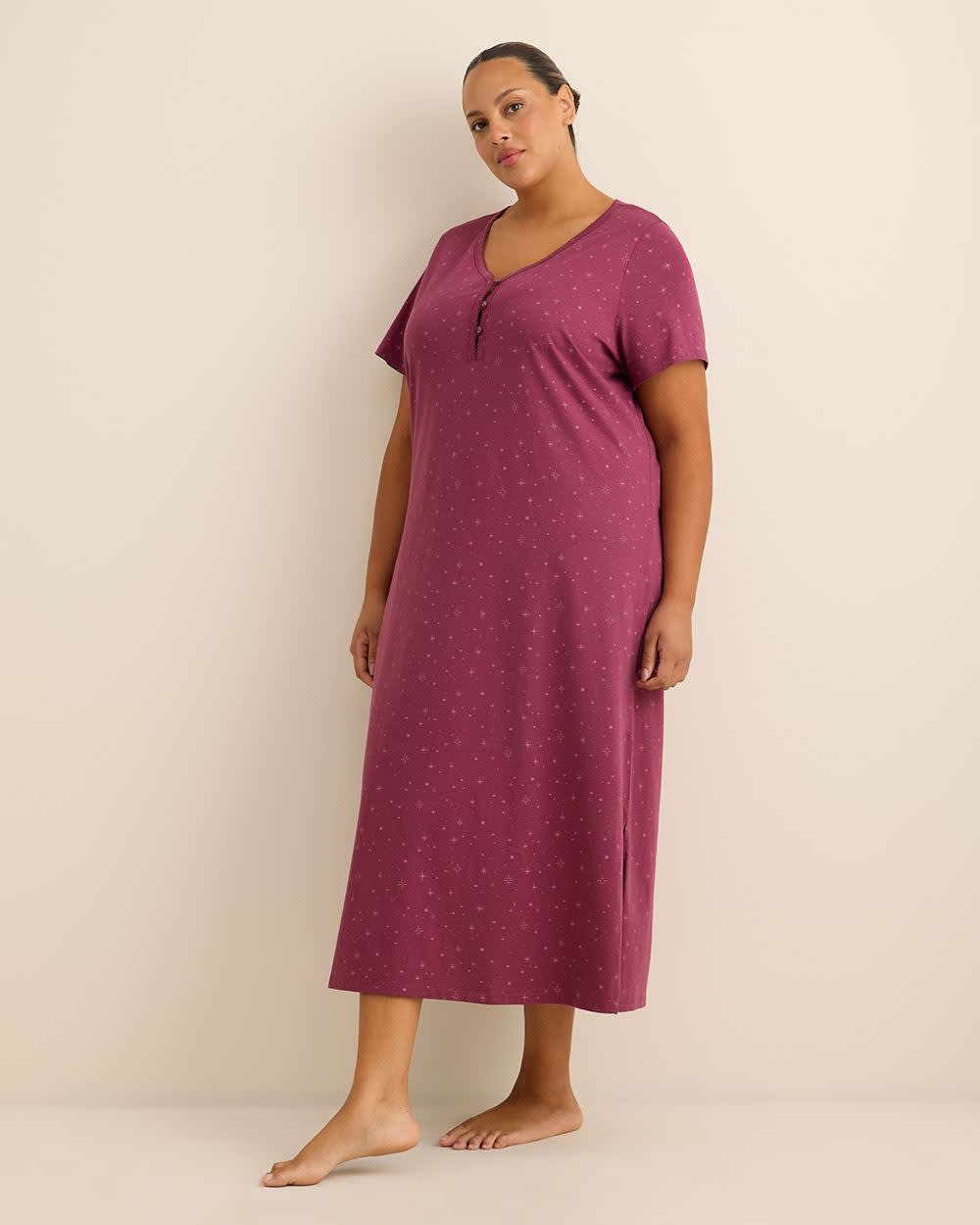 Long Purple Short-Sleeve Knit Sleepshirt with Star Print - ti Voglio Long Purple Short-Sleeve Knit Sleepshirt with Star Print - ti Voglio