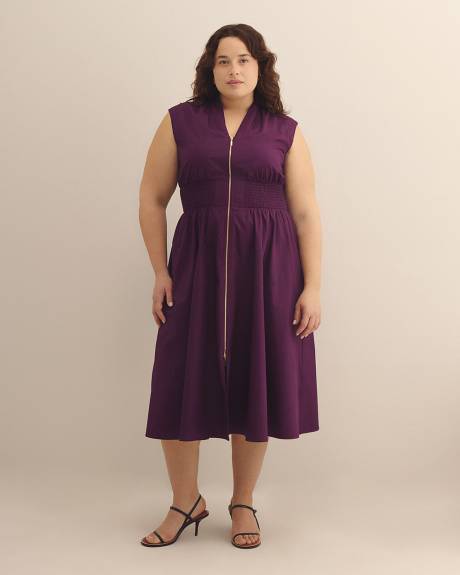 Zippered Midi Cotton Dress with Smocking Waist - Addition Elle