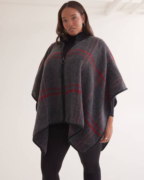 Zip-Front Plaid Cape with Ribbed Collar
