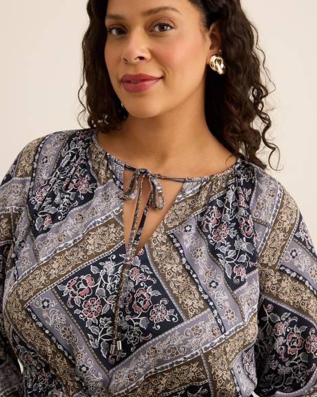 Patchwork-Print Flared Midi Dress with Smocked Cuffs