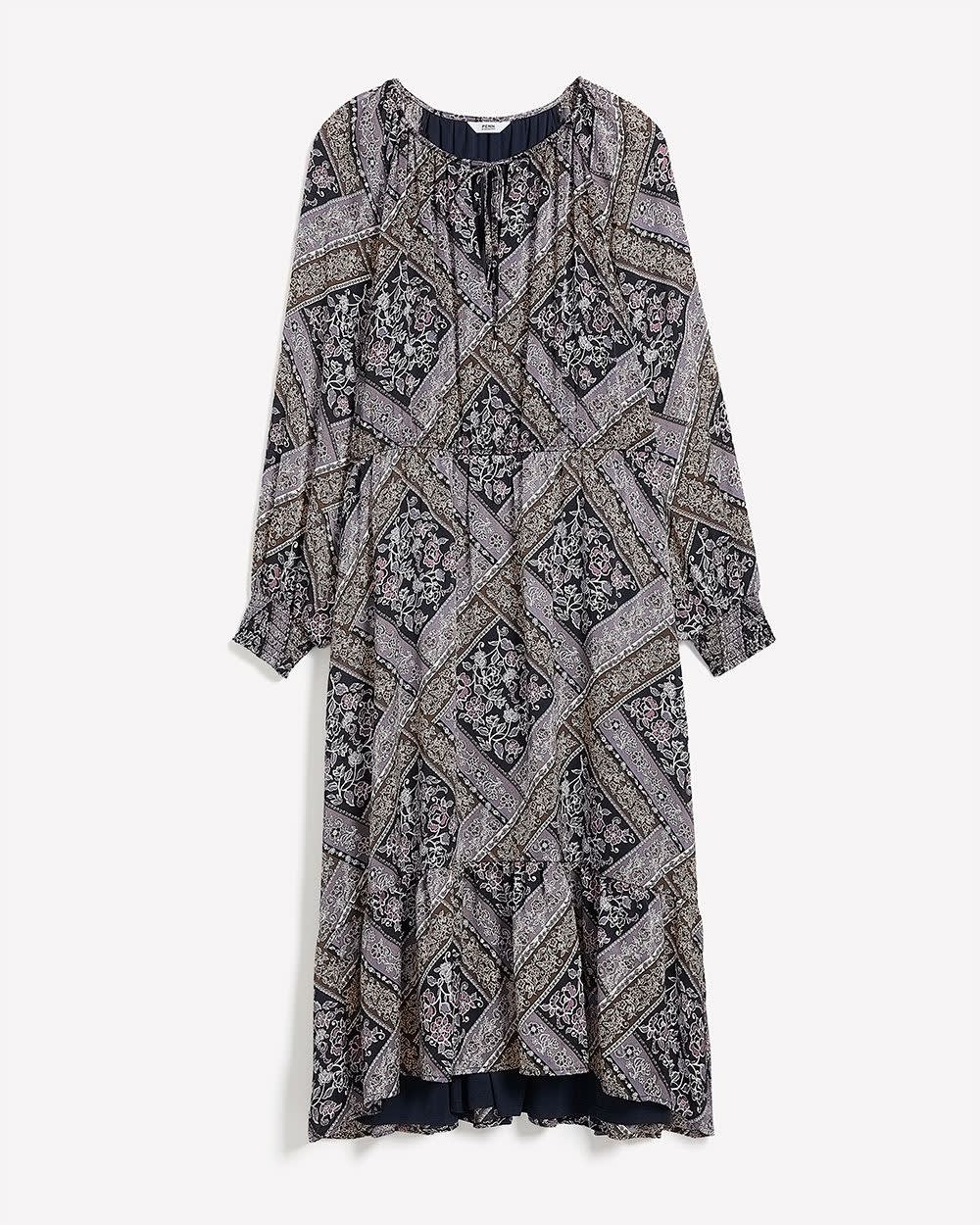 Patchwork-Print Flared Midi Dress with Smocked Cuffs