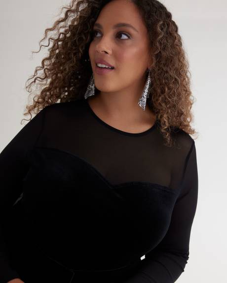 Black Mesh and Velvet Knit Top