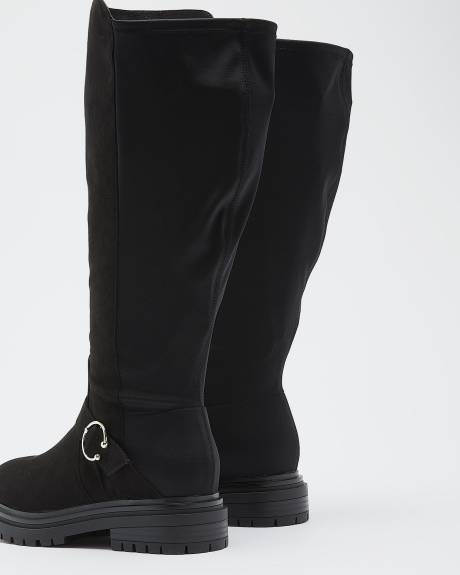 Bottes hautes à semelle crantée et boucle ronde, pied très large