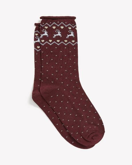 Red Dotted Rolled-Edge Crew Socks with Reindeers
