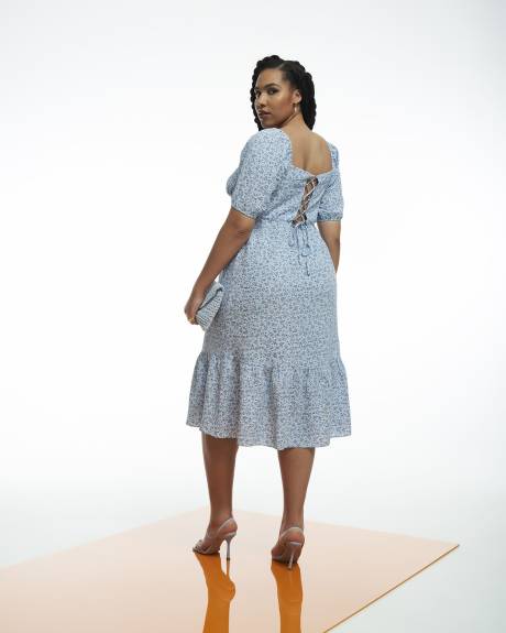 Floral Woven Tiered Midi Dress with Laced-Up Back - Addition Elle
