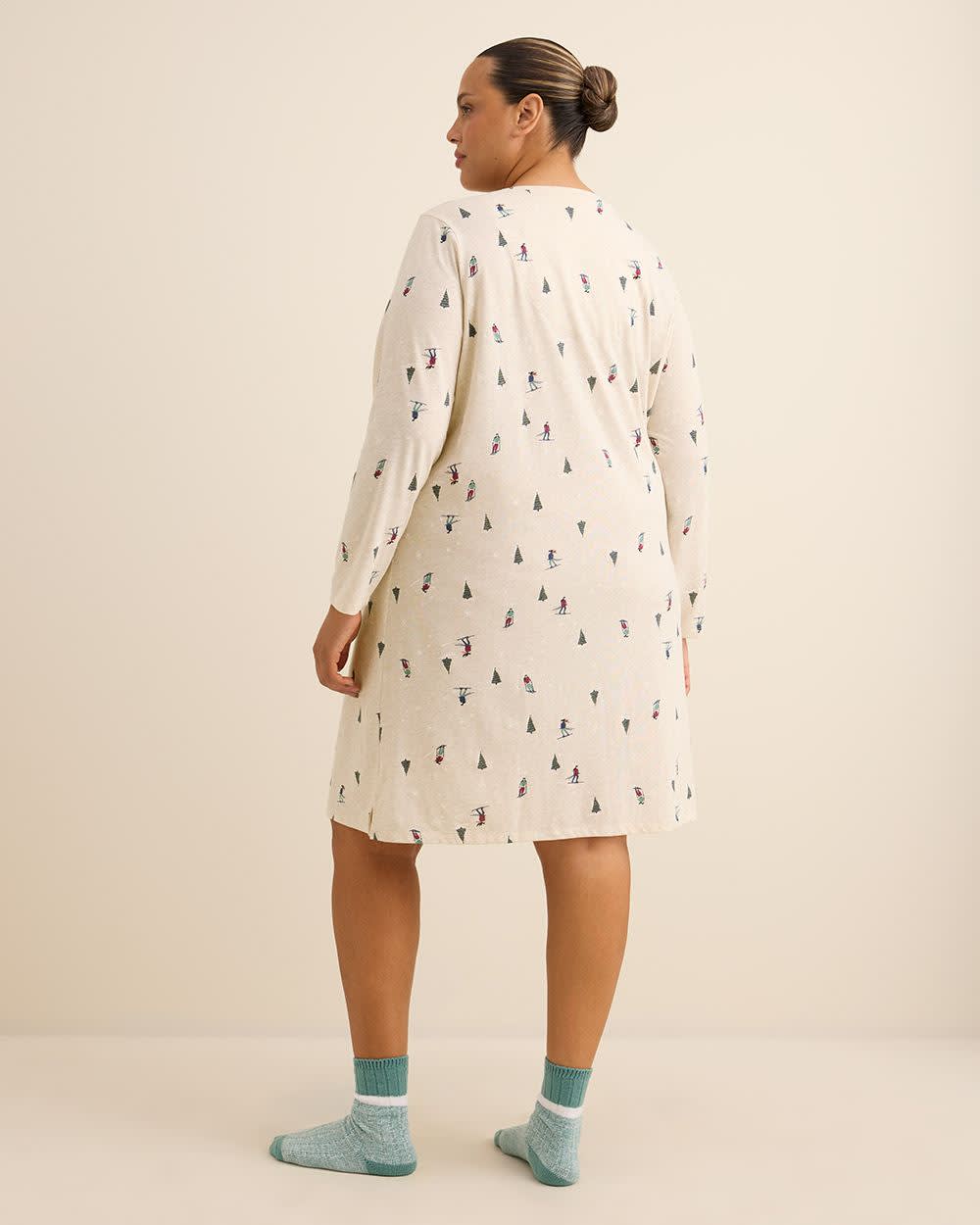 Ski-Print Long-Sleeve Heather Knit Sleepshirt - ti Voglio Ski-Print Long-Sleeve Heather Knit Sleepshirt - ti Voglio