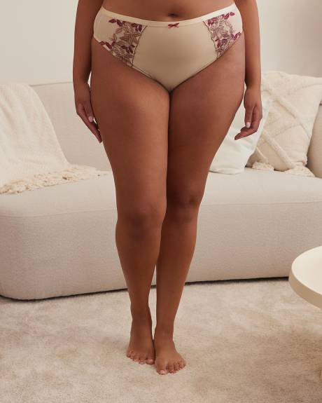 Culotte tanga en microfibre avec maille brodée de fleurs - Déesse Collection