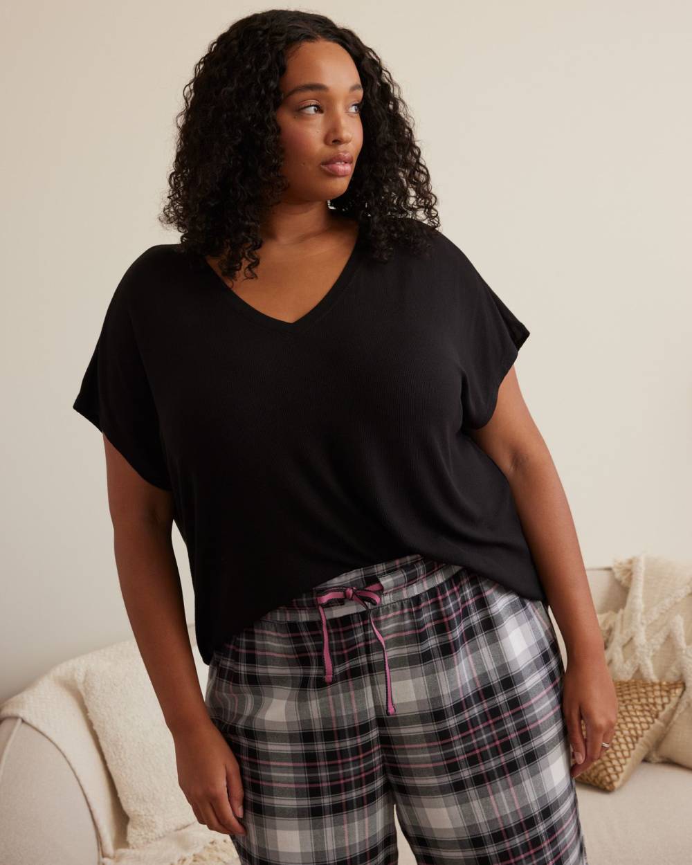Ribbed Knit Loose Pyjama Top with Crossover Back - ti Voglio