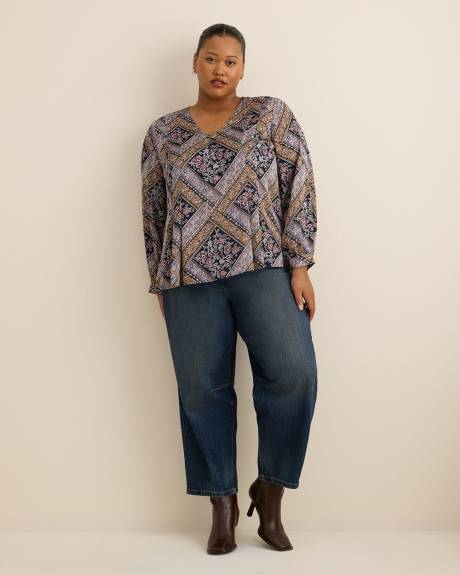 Blouse plissée évasée à manches longues avec motif courtepointe