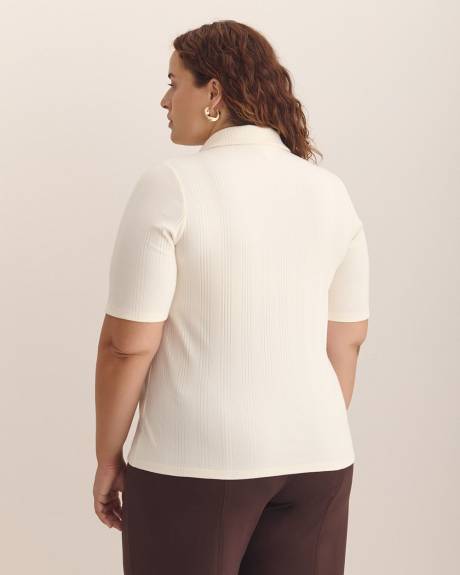 Ribbed Elbow-Sleeve Polo Knit Top