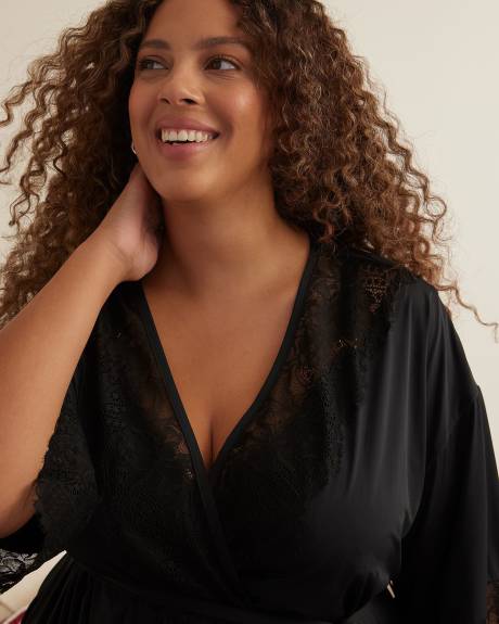 Sexy Black Satin Robe with Lace Trims - Déesse Collection