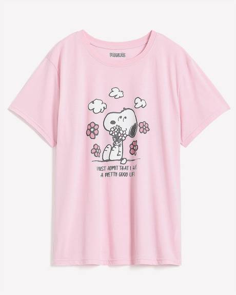 Purple Short-Sleeve Crewneck Tee with Floral Snoopy Print