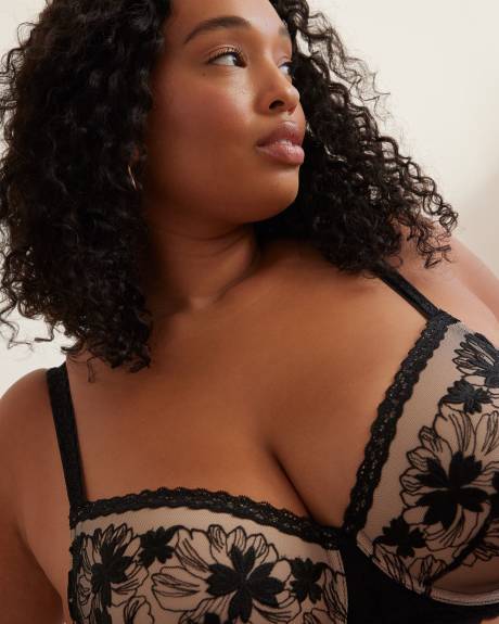 Black Underwire Padded Balconette Bra with Lace Trim - Déesse Collection
