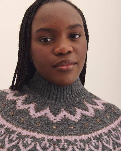 Grey Mock-Neck Sweater with Metallic Fair Isle Print Grey Mock-Neck Sweater with Metallic Fair Isle Print