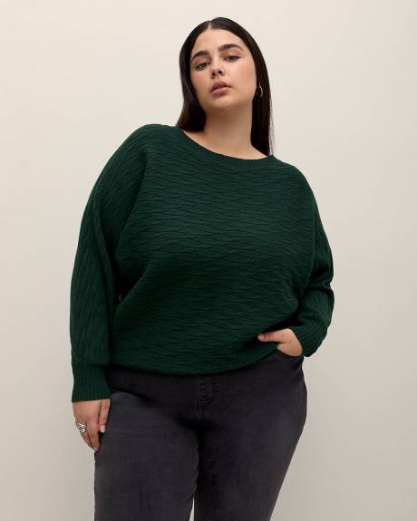 Pull en tricot à mailles torsadées avec manches longues dolman, tissu responsable
