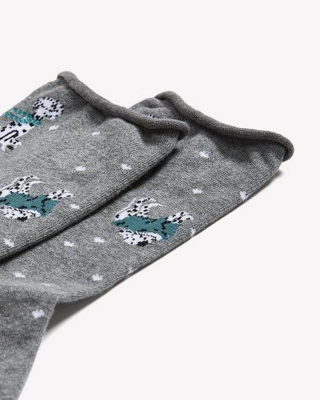 Grey Rolled-Edge Crew Socks with Dalmatian Print