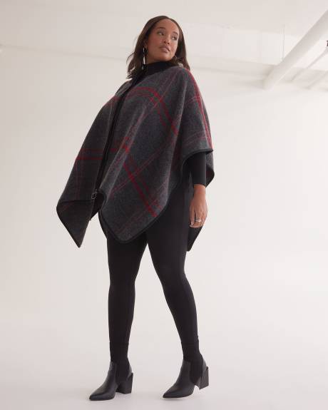 Zip-Front Plaid Cape with Ribbed Collar