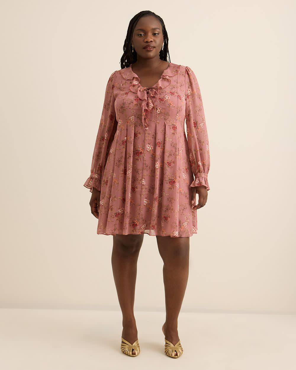 Robe courte évasée fleurie avec volants - Addition Elle Robe courte évasée fleurie avec volants - Addition Elle