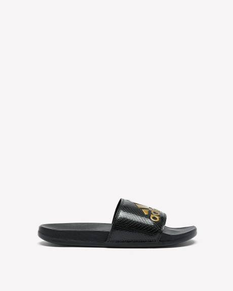 Regular Width, Black Adilette Comfort Slides with Metallic Logo - adidas